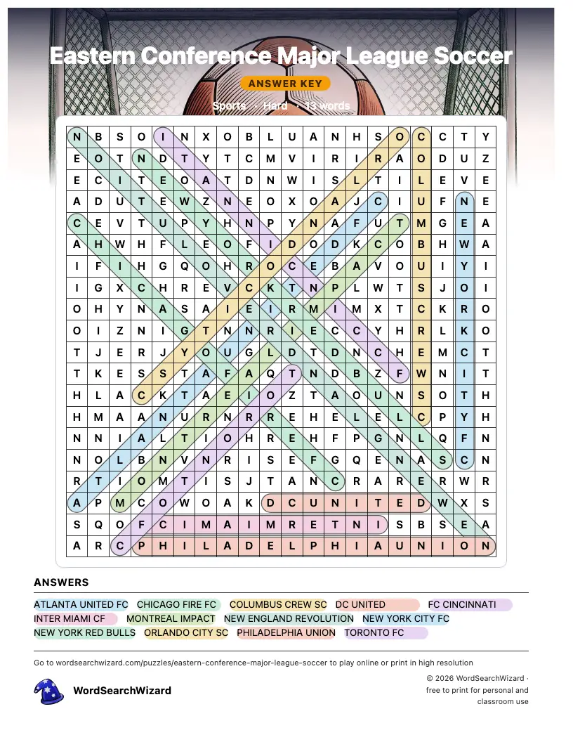 Eastern Conference Major League Soccer word search answer key, all 13 words marked