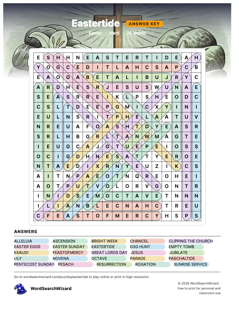Eastertide word search answer key, all 25 words marked