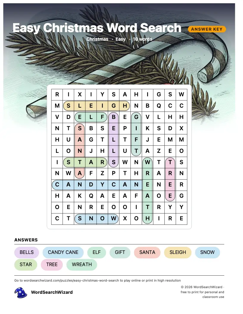 Easy Christmas word search answer key, all 10 words marked