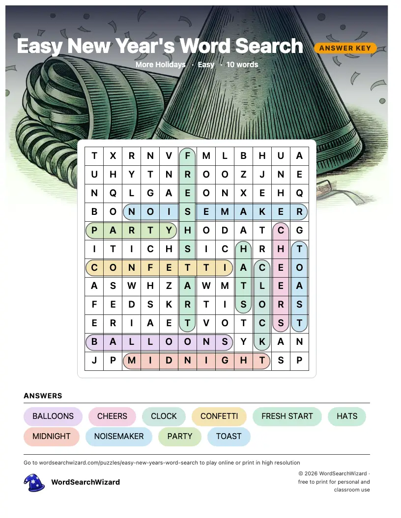 Easy New Year's word search answer key, all 10 words marked