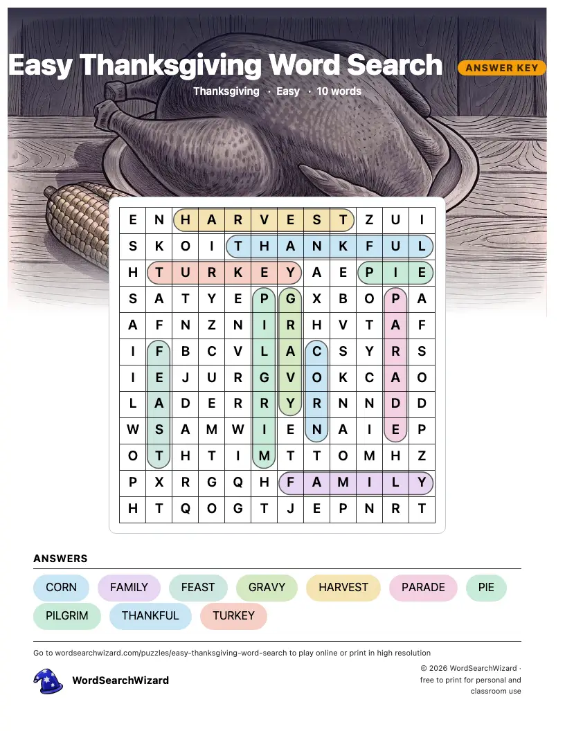 Easy Thanksgiving word search answer key, all 10 words marked