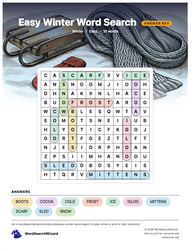 Easy Winter word search answer key, all 10 words marked