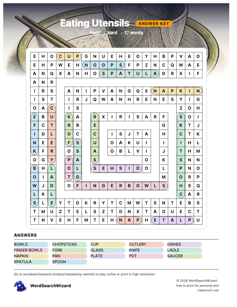 Eating Utensils word search answer key, all 17 words marked