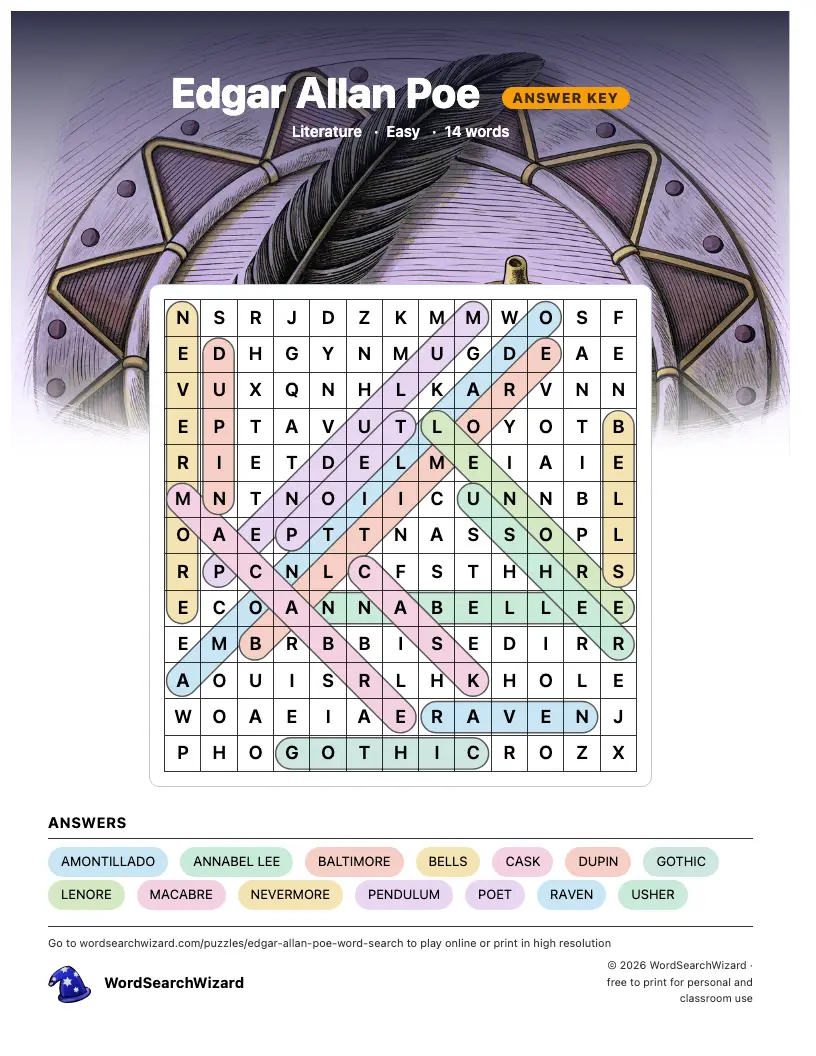 Edgar Allan Poe word search answer key, all 14 words marked