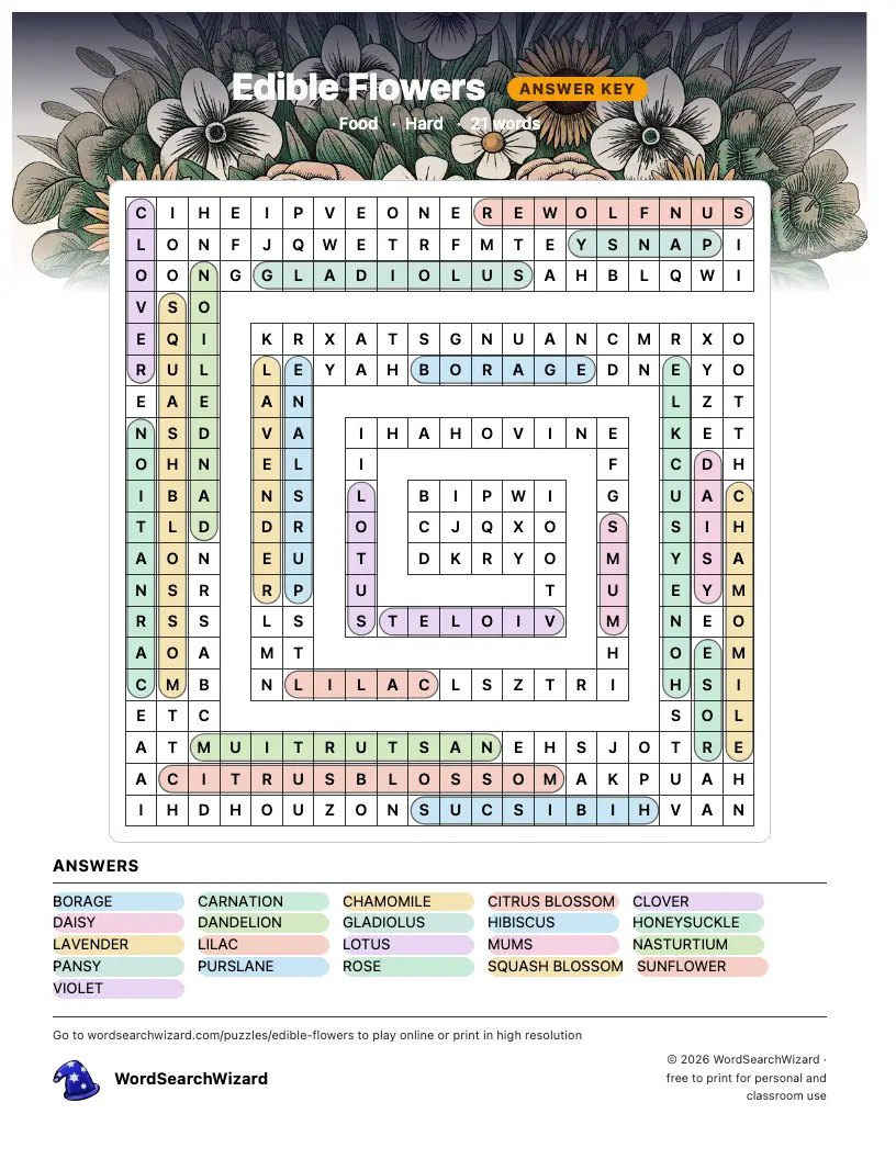 Edible Flowers word search answer key, all 21 words marked