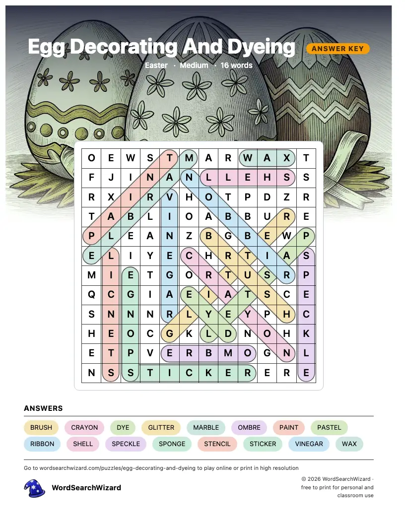 Egg Decorating And Dyeing word search answer key, all 16 words marked