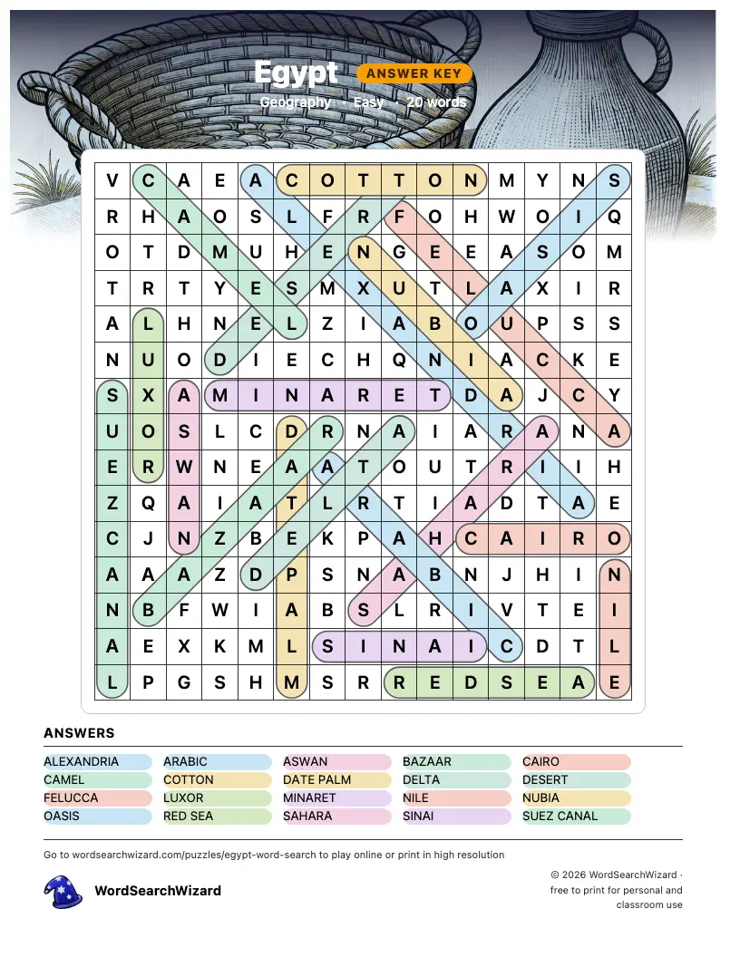 Egypt word search answer key, all 20 words marked