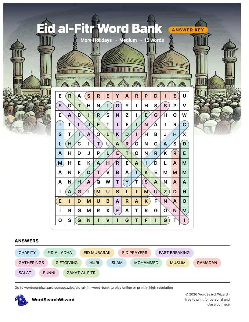 Eid al-Fitr Word Bank word search answer key, all 15 words marked