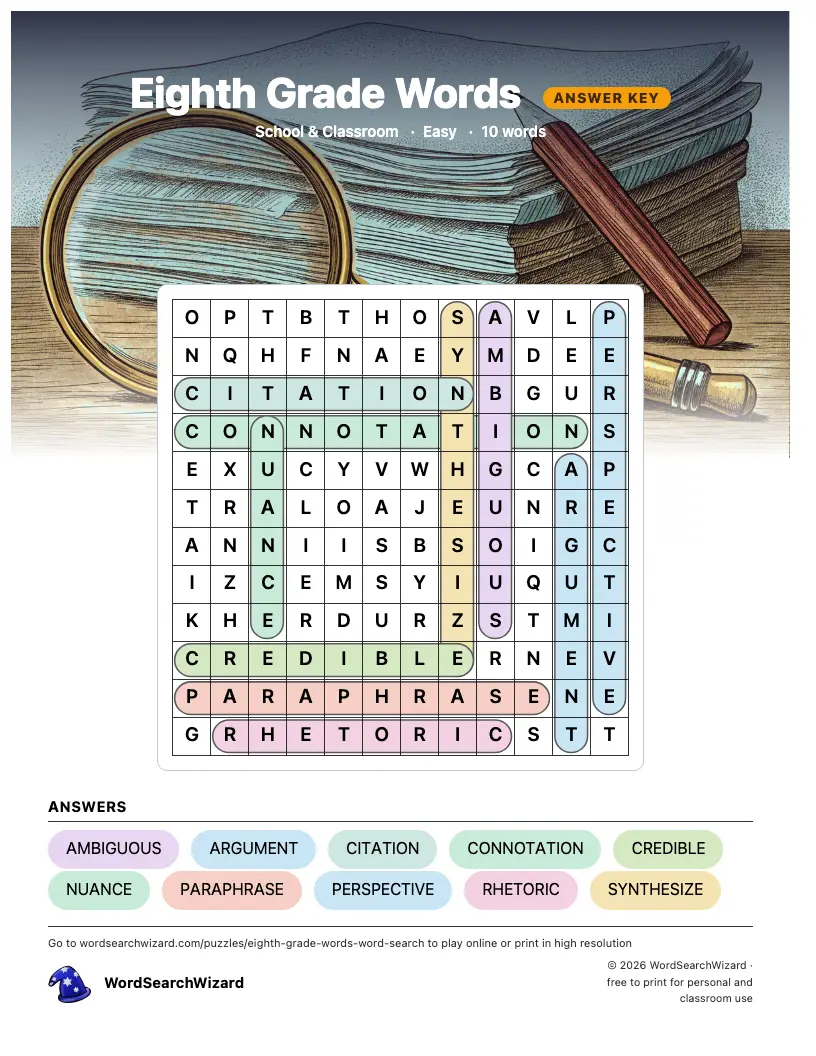 Eighth Grade Words word search answer key, all 10 words marked