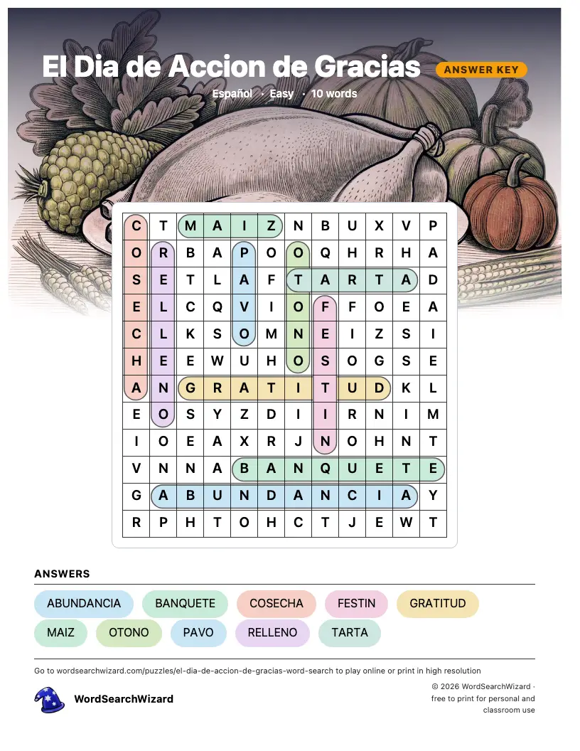 El Dia de Accion de Gracias word search answer key, all 10 words marked