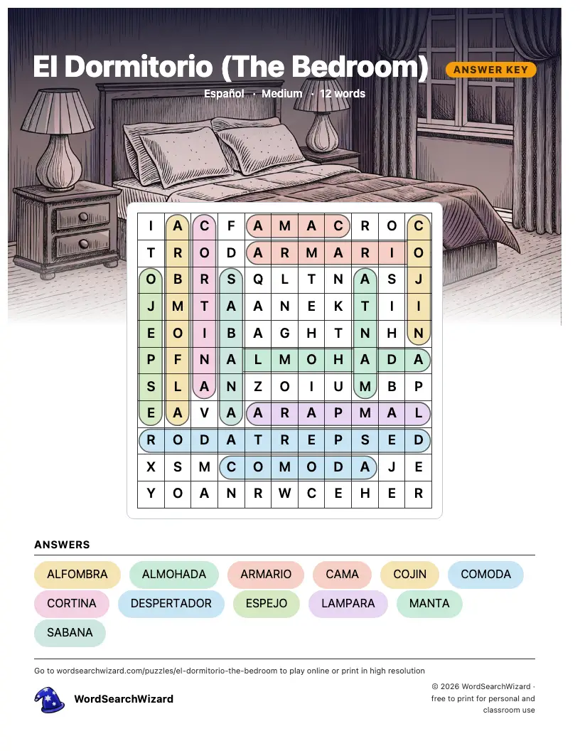 El Dormitorio (The Bedroom) word search answer key, all 12 words marked