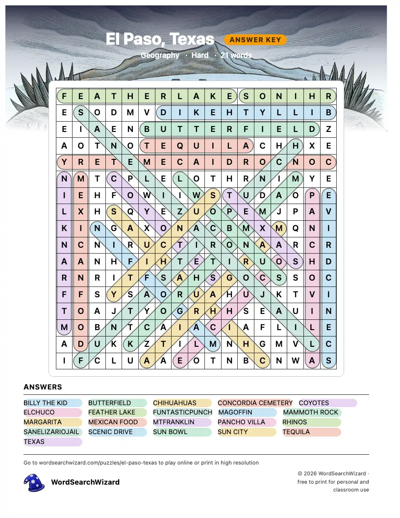 El Paso, Texas word search answer key, all 21 words marked