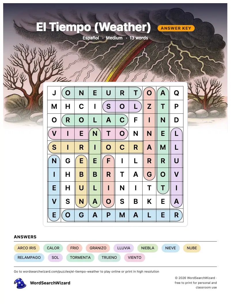 El Tiempo (Weather) word search answer key, all 13 words marked