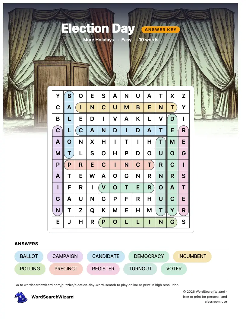 Election Day word search answer key, all 10 words marked