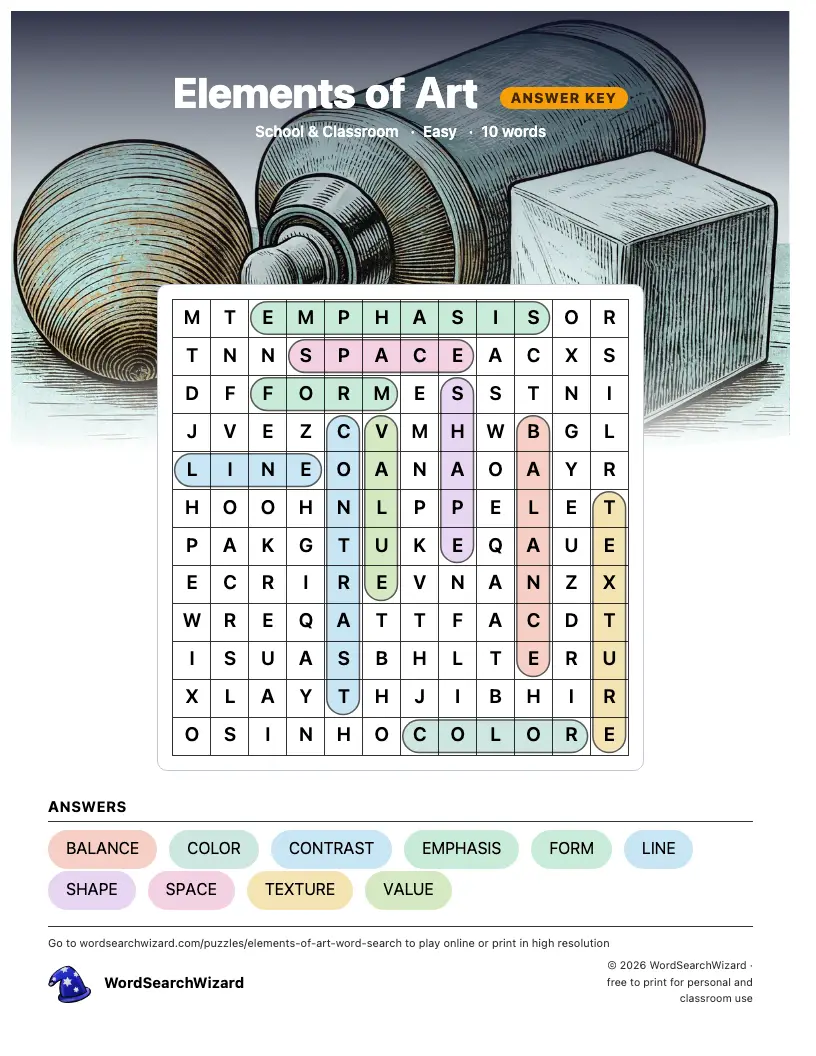 Elements of Art word search answer key, all 10 words marked