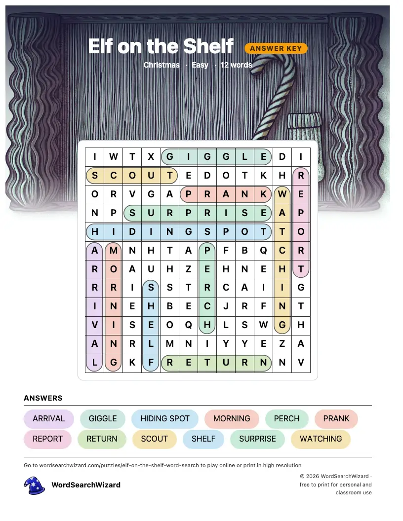 Elf on the Shelf word search answer key, all 12 words marked