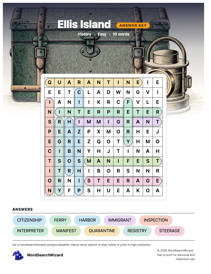Ellis Island word search answer key, all 10 words marked