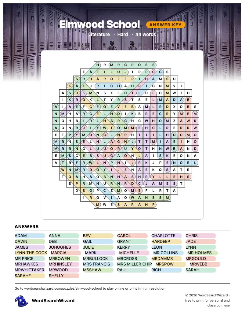 Elmwood School word search answer key, all 44 words marked