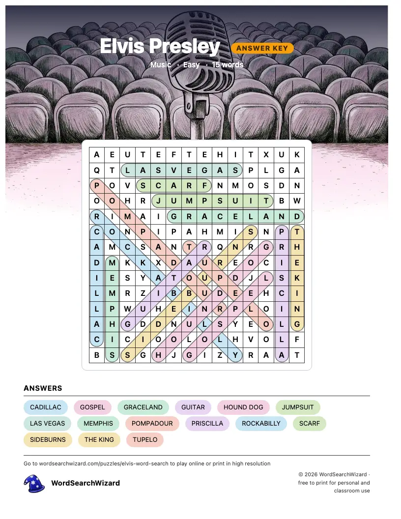 Elvis Presley word search answer key, all 15 words marked