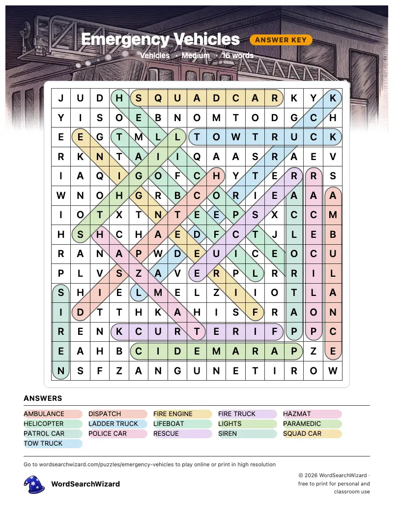 Emergency Vehicles word search answer key, all 16 words marked