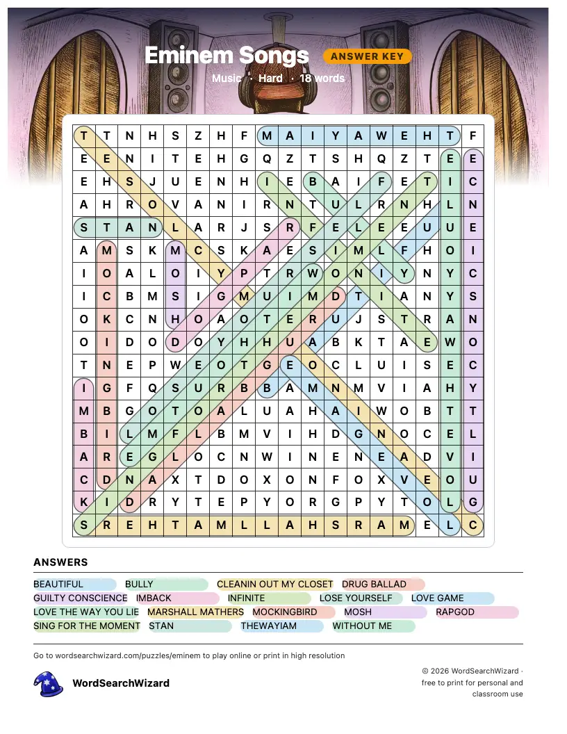 Eminem Songs word search answer key, all 18 words marked