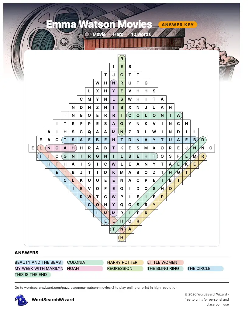 Emma Watson Movies word search answer key, all 10 words marked