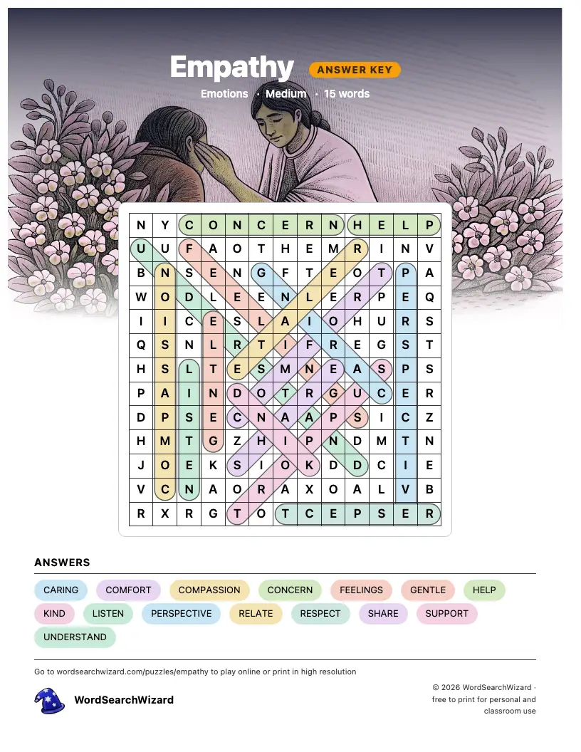 Empathy word search answer key, all 15 words marked