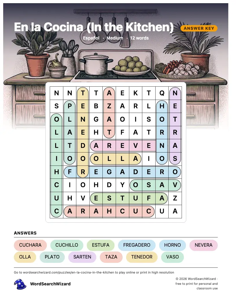 En la Cocina (In the Kitchen) word search answer key, all 12 words marked