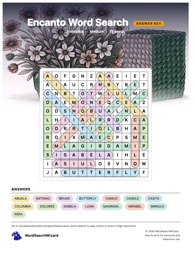 Encanto word search answer key, all 15 words marked