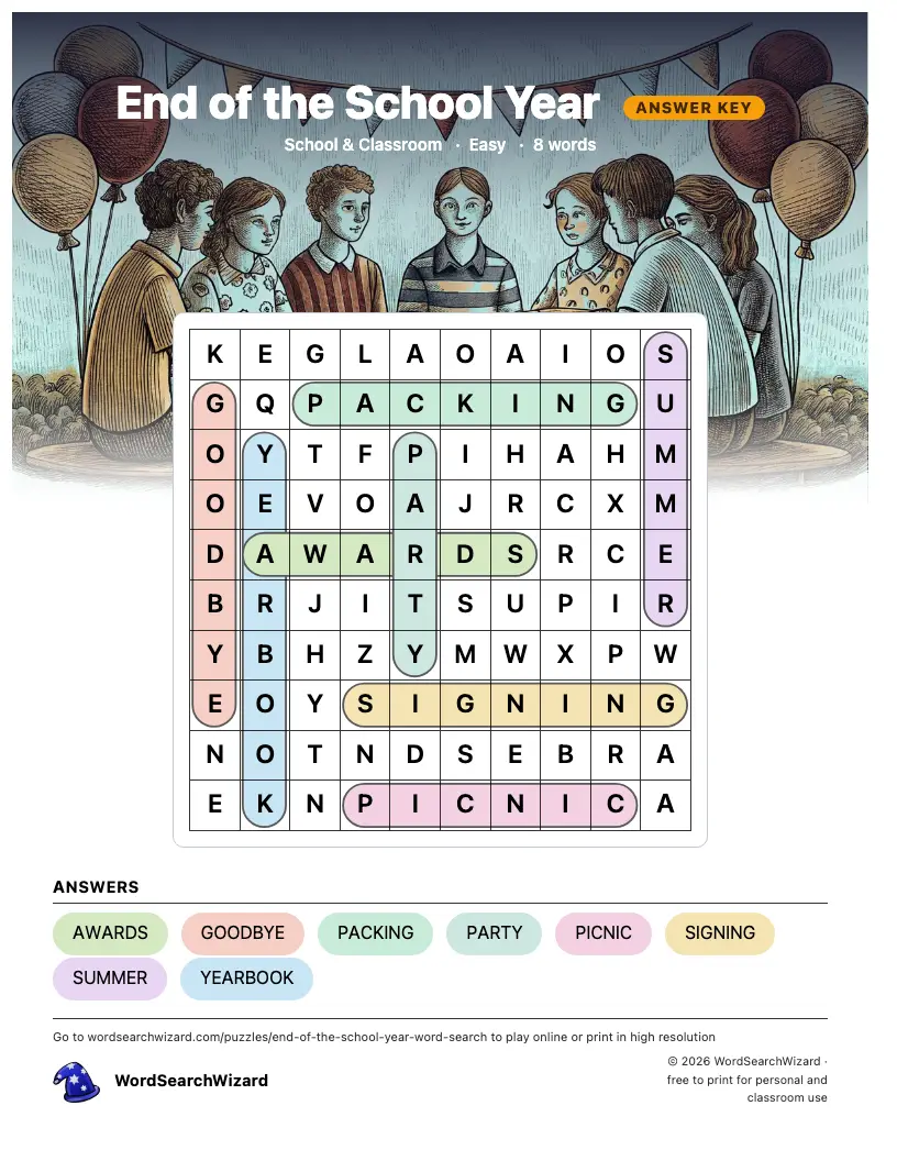 End of the School Year word search answer key, all 8 words marked