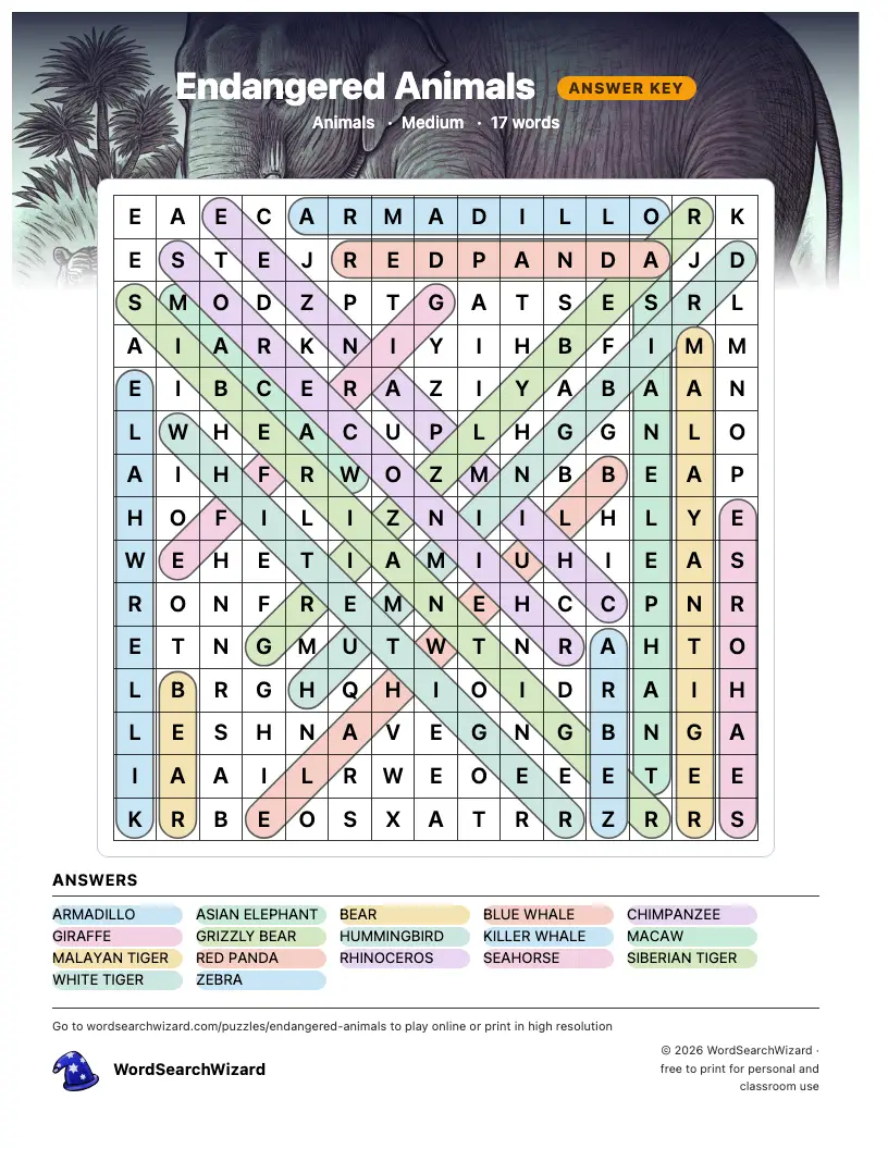 Endangered Animals word search answer key, all 17 words marked