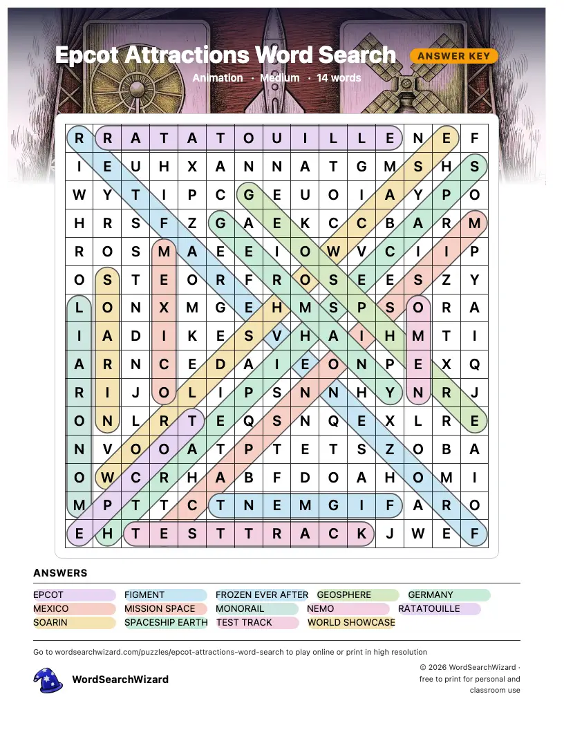 Epcot Attractions word search answer key, all 14 words marked