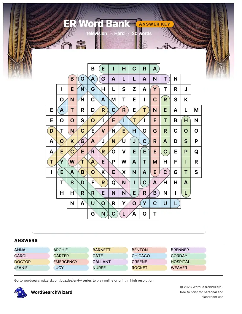 ER Word Bank word search answer key, all 20 words marked