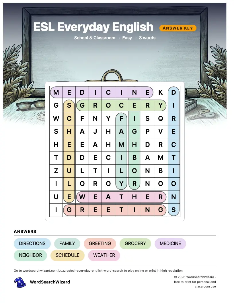 ESL Everyday English word search answer key, all 8 words marked