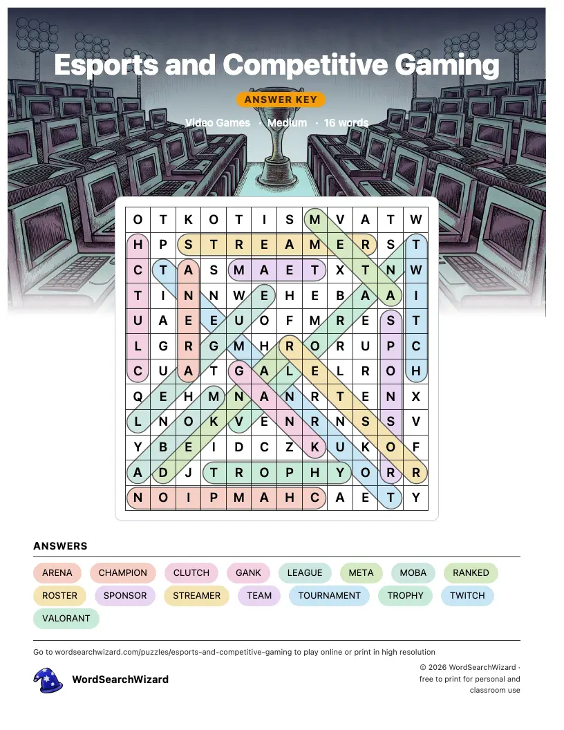 Esports and Competitive Gaming word search answer key, all 16 words marked