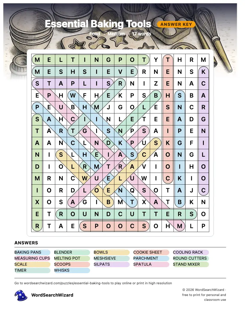 Essential Baking Tools word search answer key, all 17 words marked