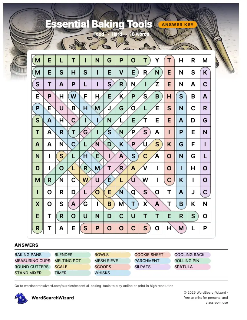 Essential Baking Tools word search answer key, all 18 words marked