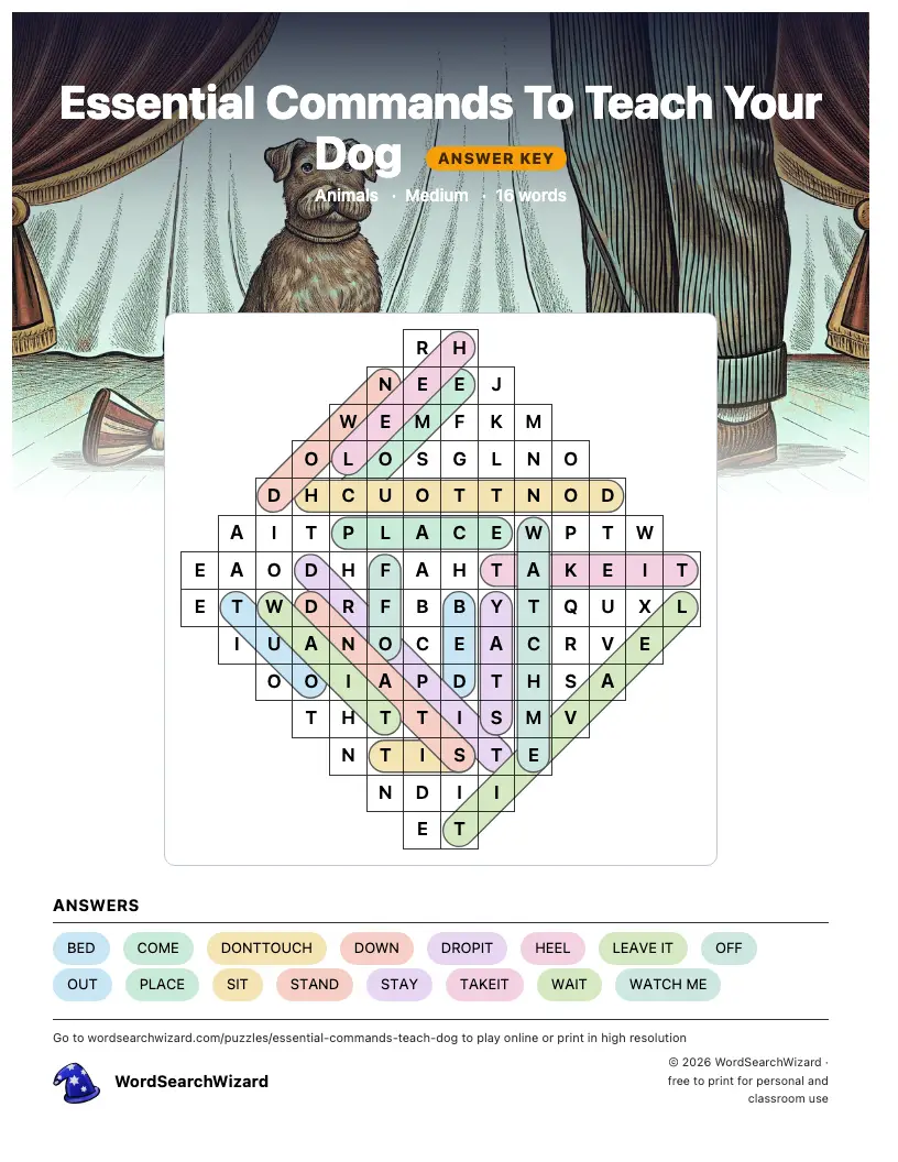 Essential Commands To Teach Your Dog word search answer key, all 16 words marked