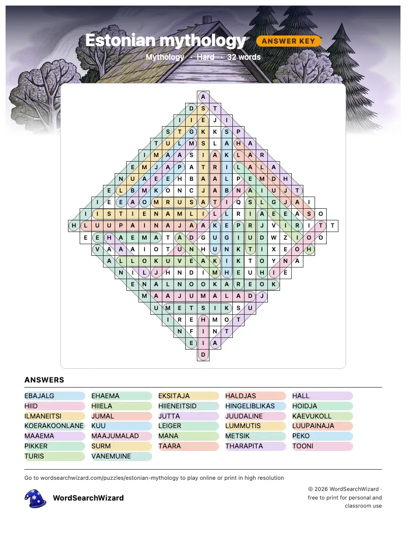 Estonian mythology word search answer key, all 32 words marked