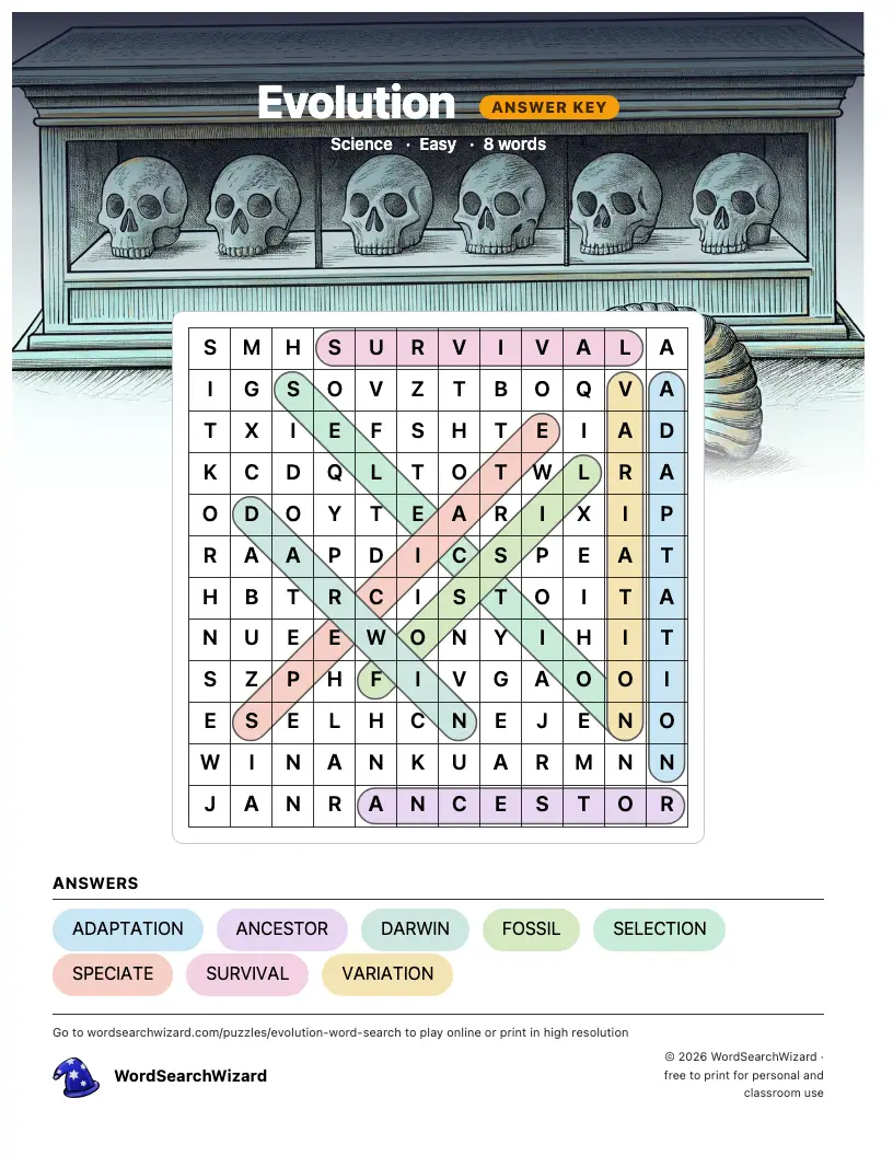 Evolution word search answer key, all 8 words marked