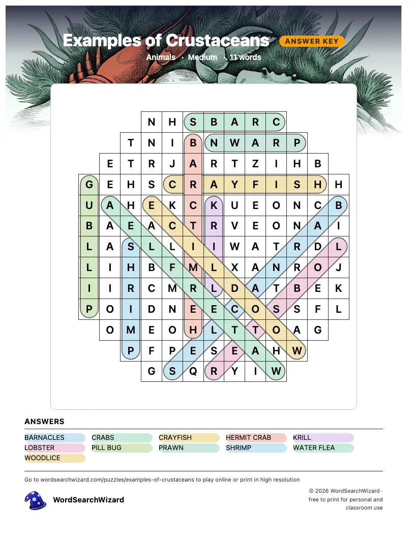 Examples of Crustaceans word search answer key, all 11 words marked