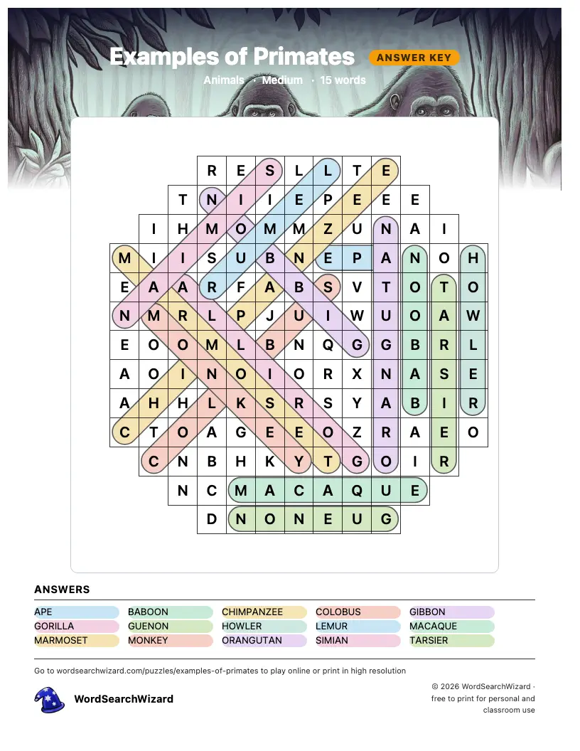Examples of Primates word search answer key, all 15 words marked