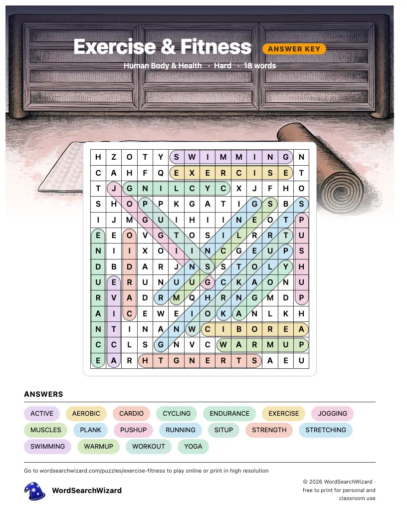 Exercise & Fitness word search answer key, all 18 words marked