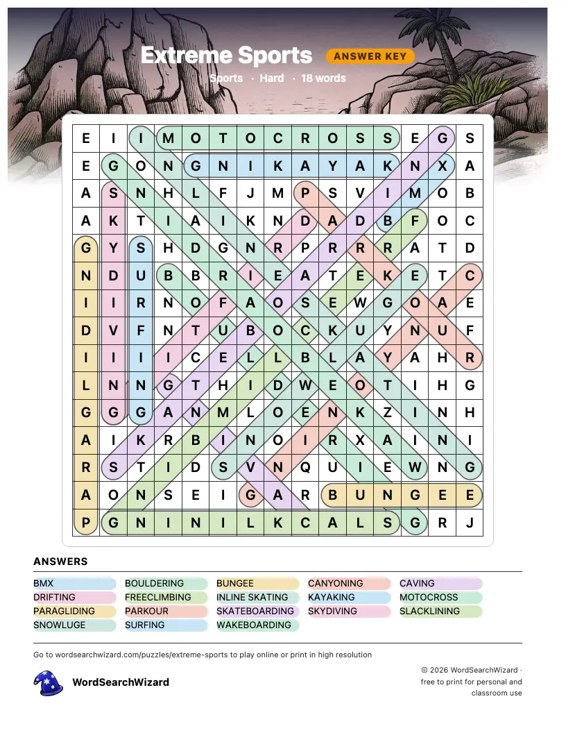 Extreme Sports word search answer key, all 18 words marked