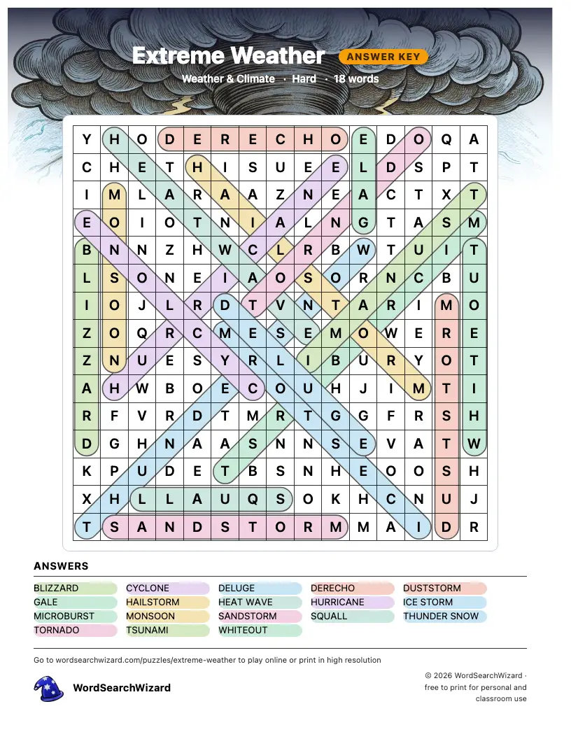 Extreme Weather word search answer key, all 18 words marked