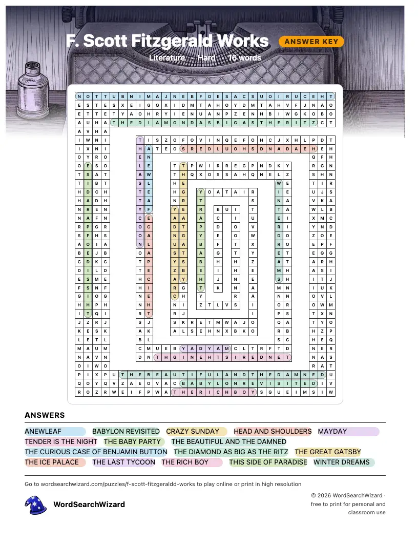 F. Scott Fitzgerald Works word search answer key, all 16 words marked