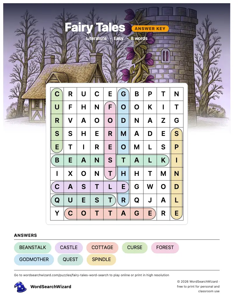 Fairy Tales word search answer key, all 8 words marked