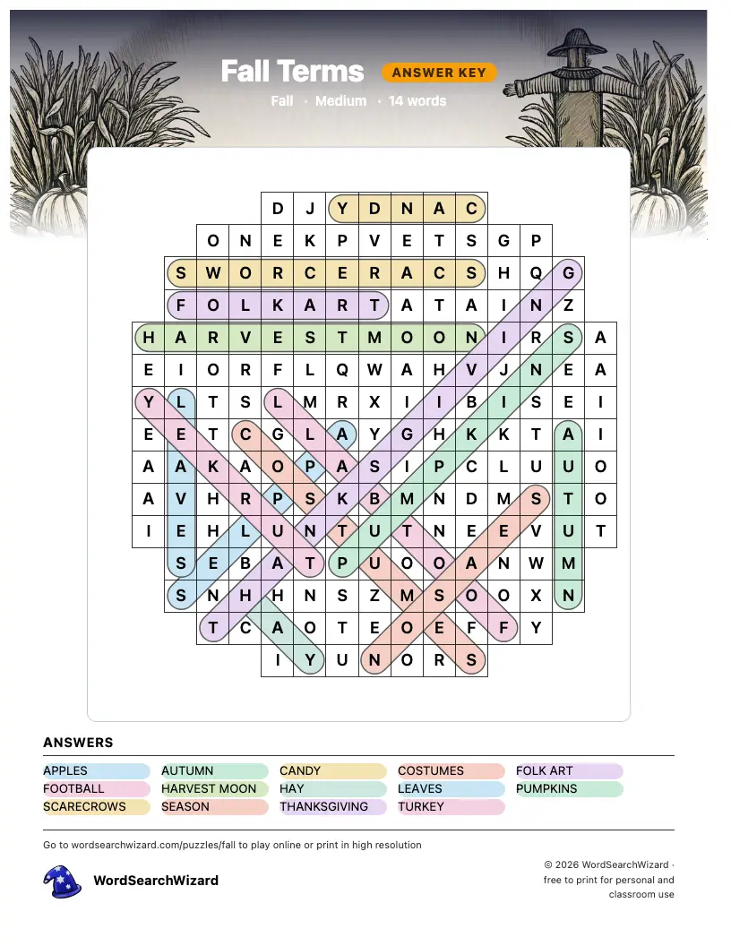Fall Terms word search answer key, all 14 words marked