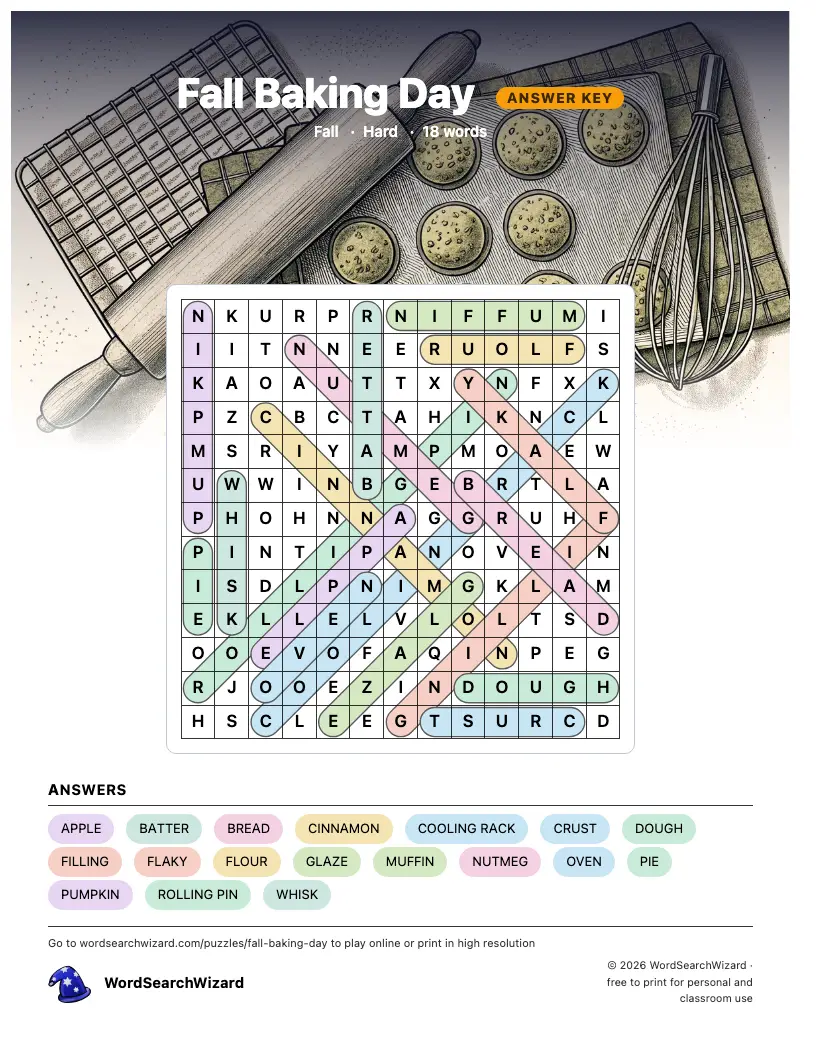Fall Baking Day word search answer key, all 18 words marked