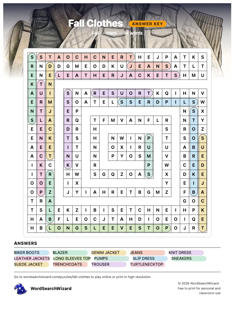 Fall Clothes word search answer key, all 14 words marked